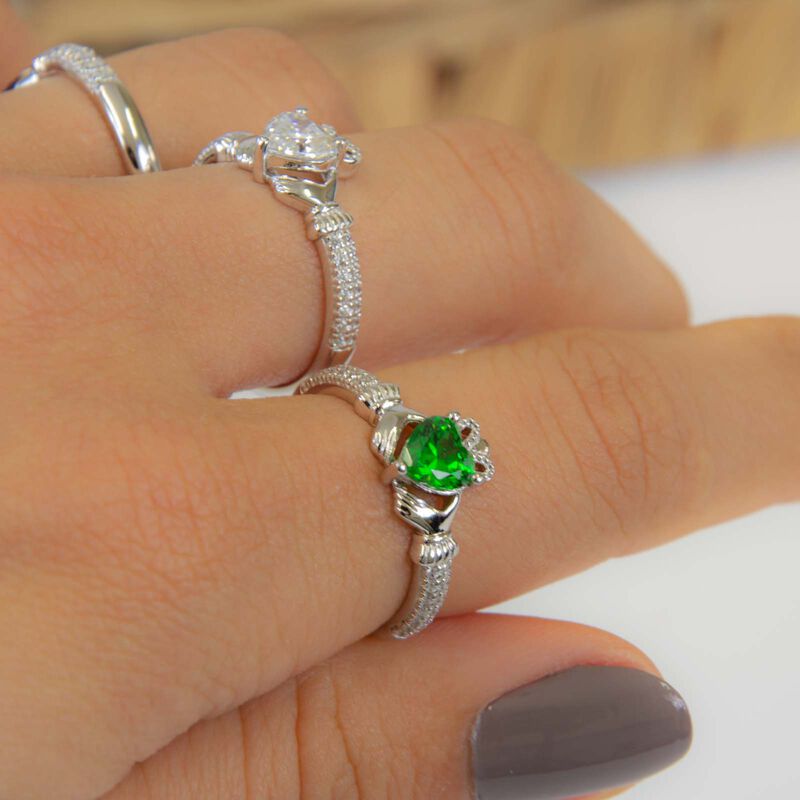Hallmarked Sterling Silver Claddagh Birthstone Ring May With Green Cubic Zirconia Stone